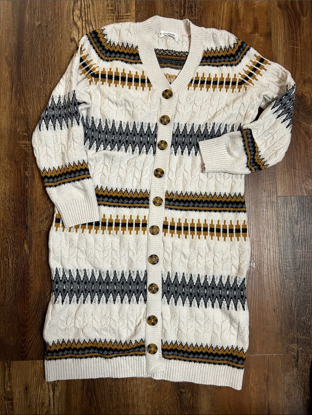 Lucky Brand Cream Cable-Knit Long Cardigan with Mustard & Gray Stripes